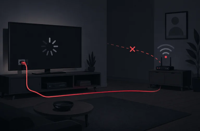 Flat vector illustration of a living room with a smart TV displaying a buffering symbol, a distant router with weak Wi-Fi signal, and an Ethernet cable connecting the TV directly to the router to improve streaming performance.