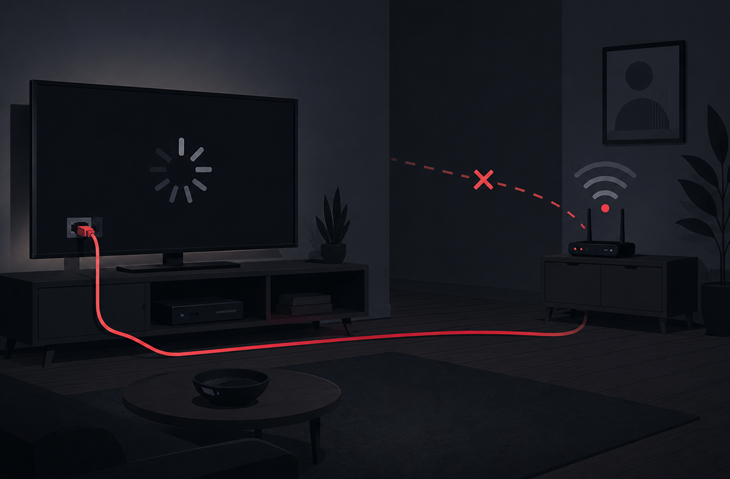 Flat vector illustration of a living room with a smart TV displaying a buffering symbol, a distant router with weak Wi-Fi signal, and an Ethernet cable connecting the TV directly to the router to improve streaming performance.