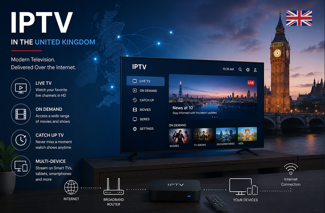 IPTV technology in the United Kingdom showing internet-based television streaming on a smart TV with live TV, video-on-demand, catch-up services, broadband connectivity, multiple devices, and a London cityscape background.
