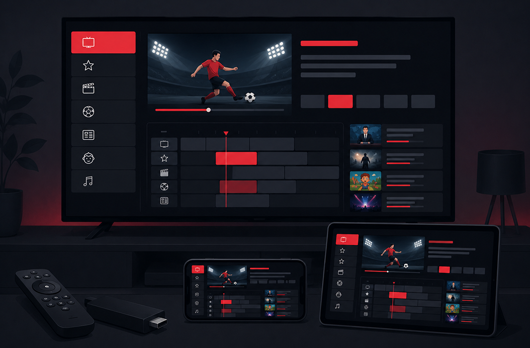 IPTV player interface synced across a TV, smartphone, tablet, and streaming device for multi-screen viewing.